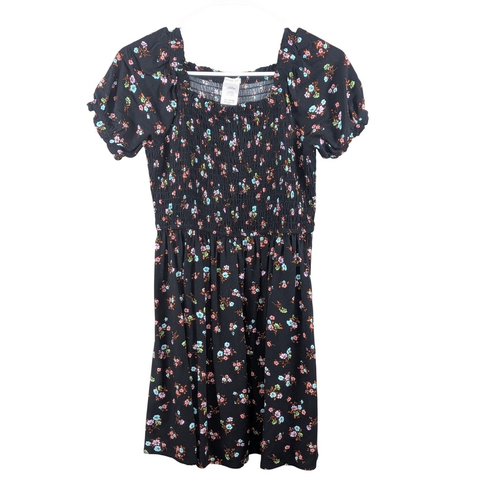 Forever Me Girls Dress Size XL 14/16 Black Floral Smocked Puff Boho Cottagecore